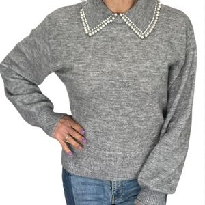 H&M Gray Sweater with Pearl Embellished Collar
